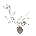 Elegant Floral Display with Light Brown Textured Vase and Slender Branches Bearing Small Red Fruits