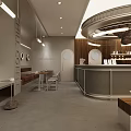 Minimalist Modern Café Interior With Coffee Bakes Goods Hall Circular Decorations Bench Tables Chairs Lighting