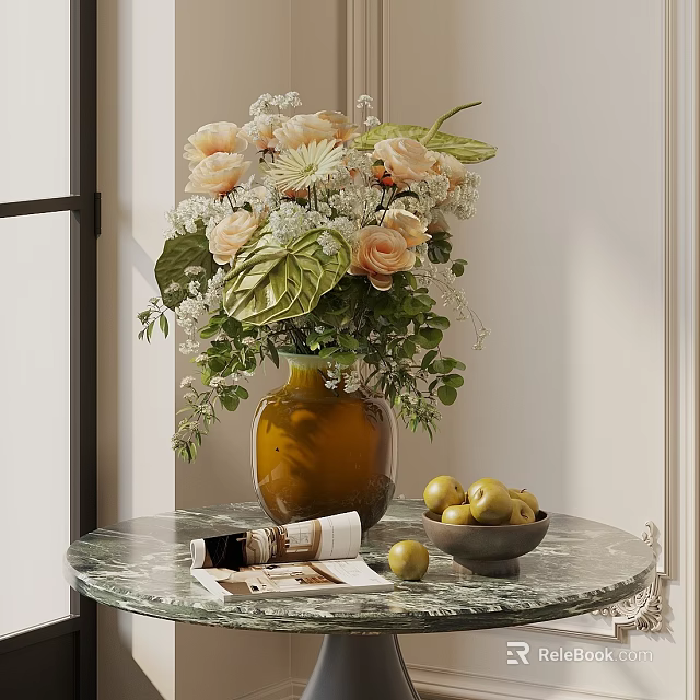 Bonsai Potted Plant Indoor Decor with Flower Arrangement Fruit Bowl and Books on Glass Table 3d model 