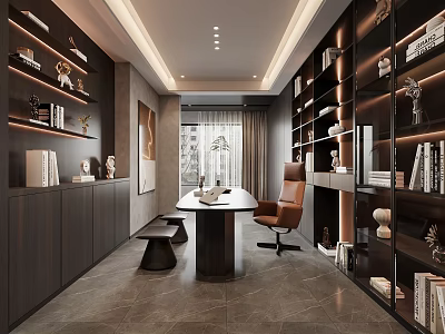 Modern Study Room Interior With Dark Bookshelves Wooden Desk Brown Leather Chair And Lighting Strips 3d model