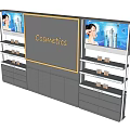 Cosmetic Display Shelves with Advertising Screens and Product Storage Drawers