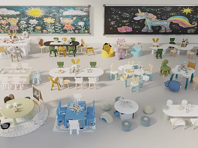 Colorful Kids Table Set With Cartoon Unicorn Flowers And Matching Chairs 3d model