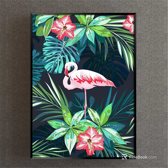 Vibrant Flamingo Animal Painting With Tropical Leaves And Pink Flowers On Dark Background 3d model 