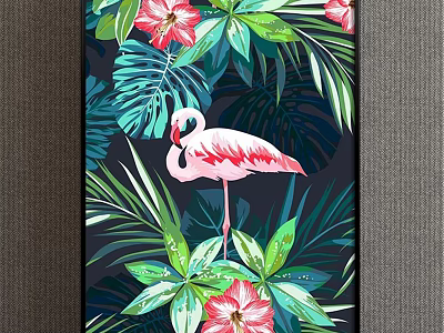 Vibrant Flamingo Animal Painting With Tropical Leaves And Pink Flowers On Dark Background 3d model