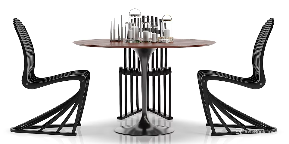 Modern Round Dining Table And Chairs Set With Wooden Top And Black Metal Base 3d model 