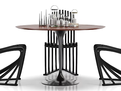 Modern Round Dining Table And Chairs Set With Wooden Top And Black Metal Base 3d model