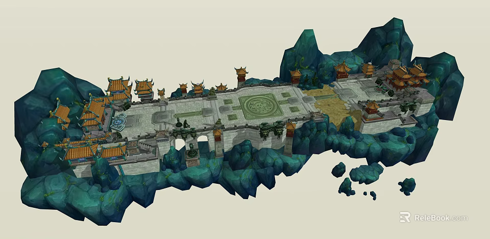 Ancient Architecture Complex With Traditional Roofs And Mountain Landscape Courtyard Design 3d model 