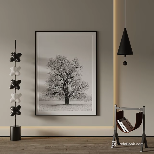 Black And White Landscape Painting With Bare Tree In Field 3d model