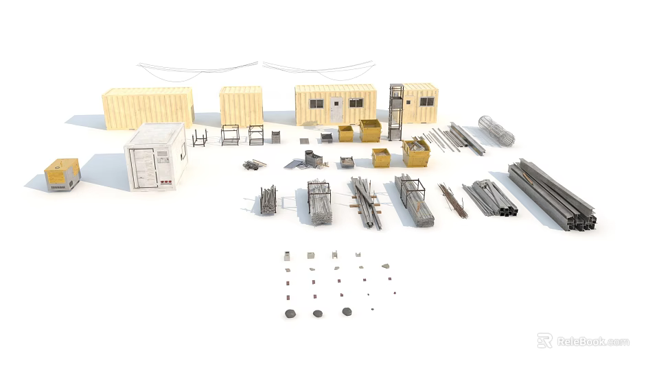 Various Building Components Including Containers Metal Frames Pipes Panels And Connectors 3d model