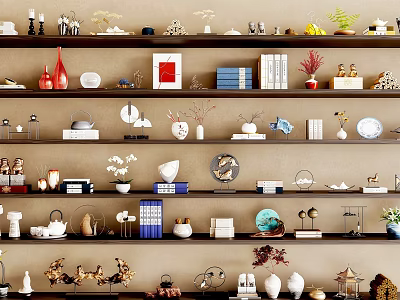Elegant Decorative Ornaments Collection On Wall Shelves Featuring Vases Sculptures Photo Frames And Small Plants 3d model