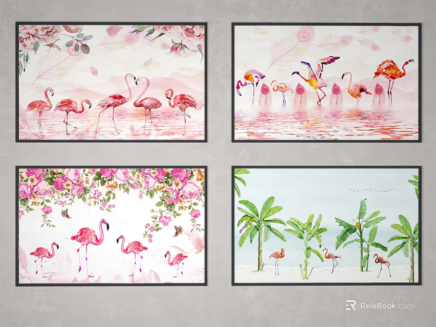 Vibrant Flamingo Animal Paintings with Flowers Palm Trees and Watercolor Design 3d model 