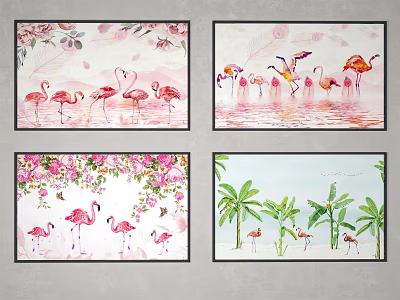 Vibrant Flamingo Animal Paintings with Flowers Palm Trees and Watercolor Design 3d model
