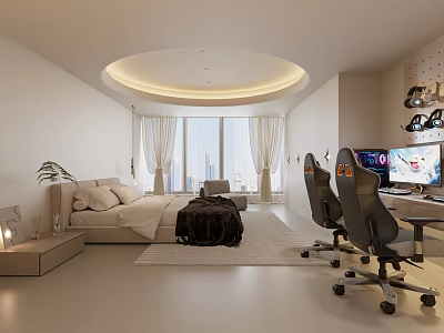 Modern Apartment Bedroom Space With Large Windows Sofa Office Desk And Gaming Chairs 3d model