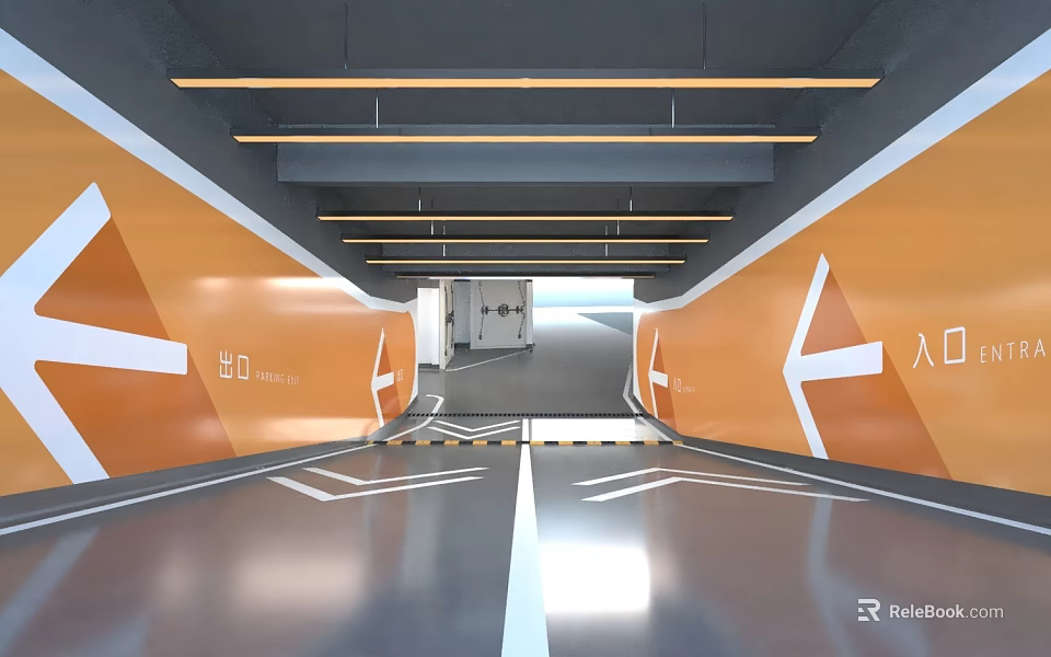 Garage Entrance With Orange Walls White Arrows Floor Lines Yellow Warning Stripes And Strip Lights 3d model 