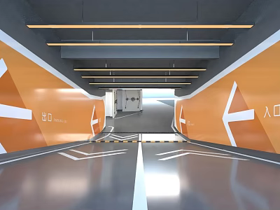 Garage Entrance With Orange Walls White Arrows Floor Lines Yellow Warning Stripes And Strip Lights 3d model