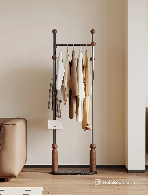 Freestanding Clothing Rack With Clothes And Bag In Minimalist Living Room 3d model 