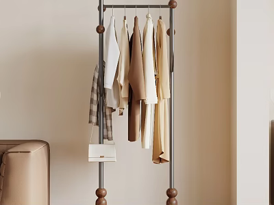 Freestanding Clothing Rack With Clothes And Bag In Minimalist Living Room 3d model