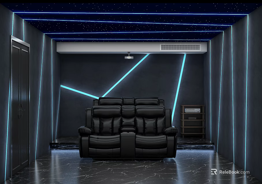 Home Theater Room With Black Leather Recliner Seats Blue LED Strip Lights Dark Walls And Sleek Design 3d model 