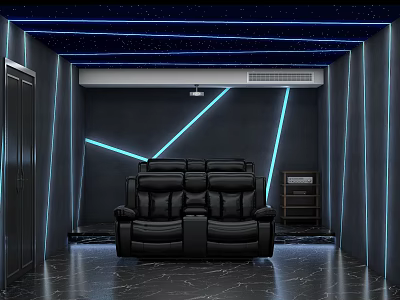 Home Theater Room With Black Leather Recliner Seats Blue LED Strip Lights Dark Walls And Sleek Design 3d model