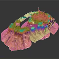 Modern Natural Landscape Model With Rocky Terrain Green Grass And Small Bridge Structure