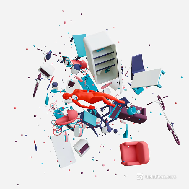 Modern Art Installation With Red Human Figure Scattered Furniture And Colorful Dots 3d model 