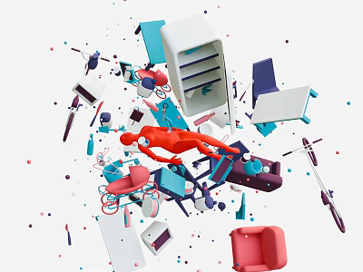 Modern Art Installation With Red Human Figure Scattered Furniture And Colorful Dots 3d model
