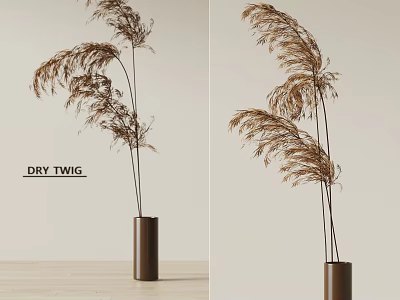 Elegant Brown Cylindrical Vase With Flowing Dry Twigs In Minimalist Light Background 3d model