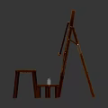 Wooden Art Easel Displaying Starry Night Painting with Small Stool and Paint Palette