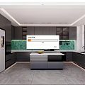 Modern Kitchen Interior With Green Marble Backsplash Dark Cabinets And Island Counter