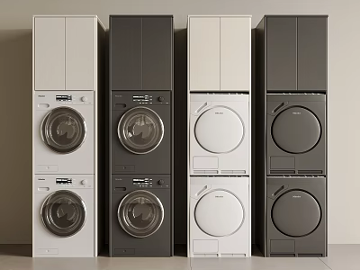 White and Black Stacked Washing Machines with Modern Design and Different Styles 3d model
