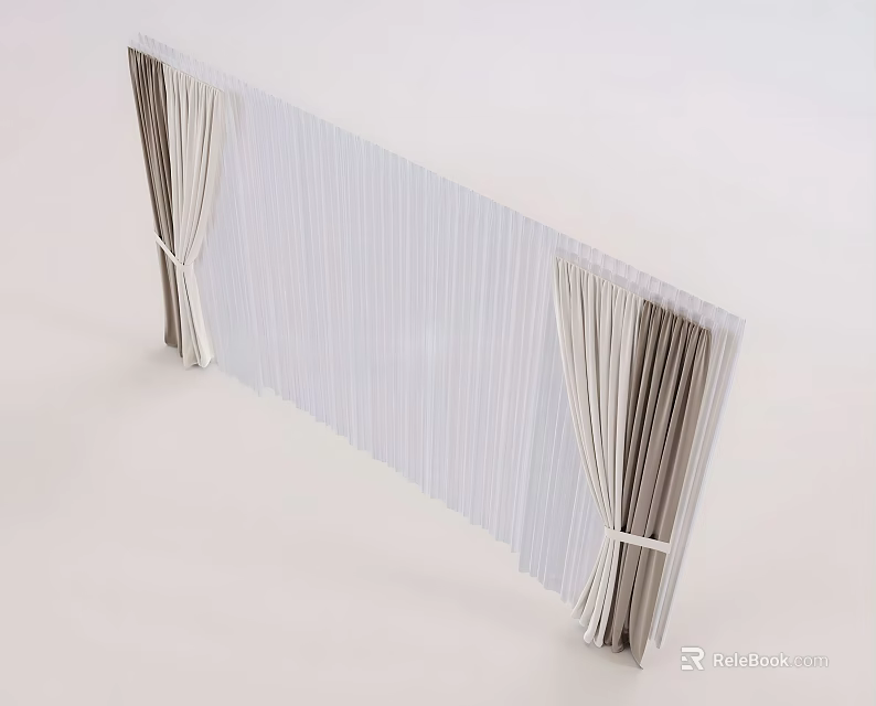 White Pleated Curtains With Vertical Stripes And Tieback Straps Design 3d model 