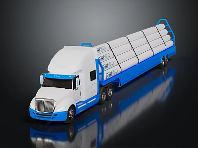 White and Blue Truck with Flatbed Trailer Loaded with White Cylindrical Logs 3d model