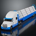 White and Blue Truck with Flatbed Trailer Loaded with White Cylindrical Logs
