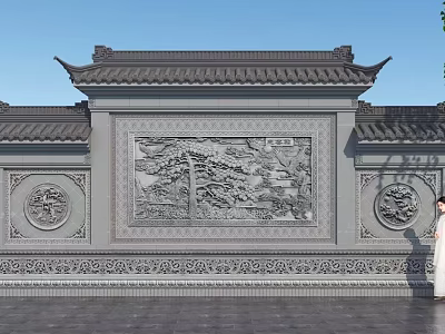 Ancient Chinese Architecture Screen Wall With Gray Tiled Roof Intricate Carved Relief And Circular Decorations 3d model