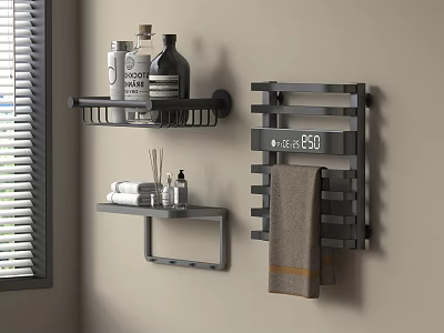 Modern Bathroom Accessories With Wall Mounted Shelves Towel Rack And Digital Clock 3d model