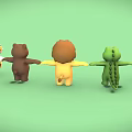 Playful Row of Colorful Cartoon Animals Holding Hands On Green Background