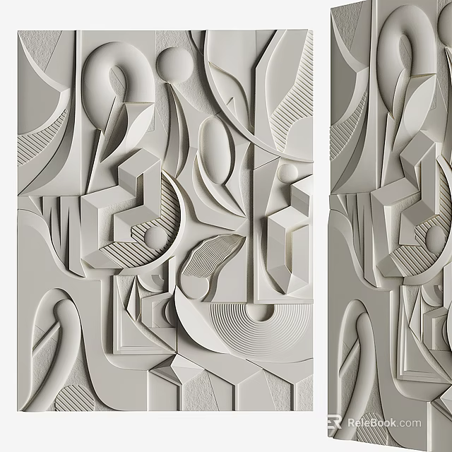 Modern 3D Wall Decor With Geometric Shapes And Plant Elements In Light Gray 3d model 