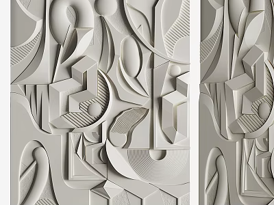 Modern 3D Wall Decor With Geometric Shapes And Plant Elements In Light Gray 3d model