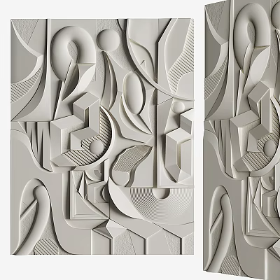Modern 3D Wall Decor With Geometric Shapes And Plant Elements In Light Gray 3d model