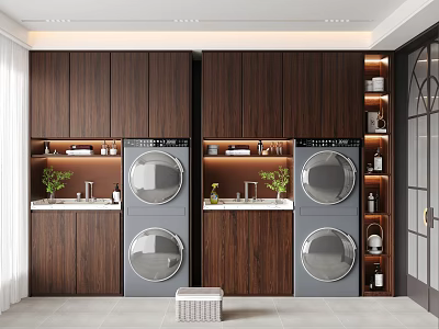 Dark Wood Storage Cabinet Rack in Modern Laundry Room with Built-in Washing Machines Dryers Shelves 3d model