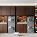 Dark Wood Storage Cabinet Rack in Modern Laundry Room with Built-in Washing Machines Dryers Shelves