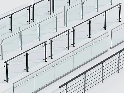 Glass Fence with Black Metal Posts and Modern Railing Design 3d model