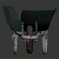 Green Wheelbarrow With Silver Metal Frame And Single Worn Wheel On Gray Background