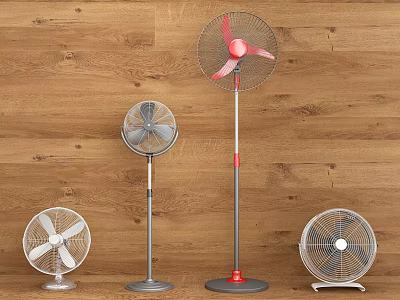 Various Air Cooler Fans Including Standing And Table Styles On Wooden Wall 3d model