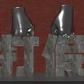 Outdoor Garden Ornament Featuring Black Fist Sculptures And Stone Chinese Characters On Red Brick Wall