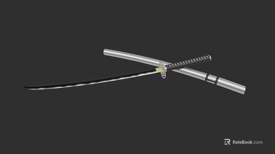 Traditional Japanese Katana and Wakizashi Crossed with Silver Blades and Black Striped Handles 3d model 