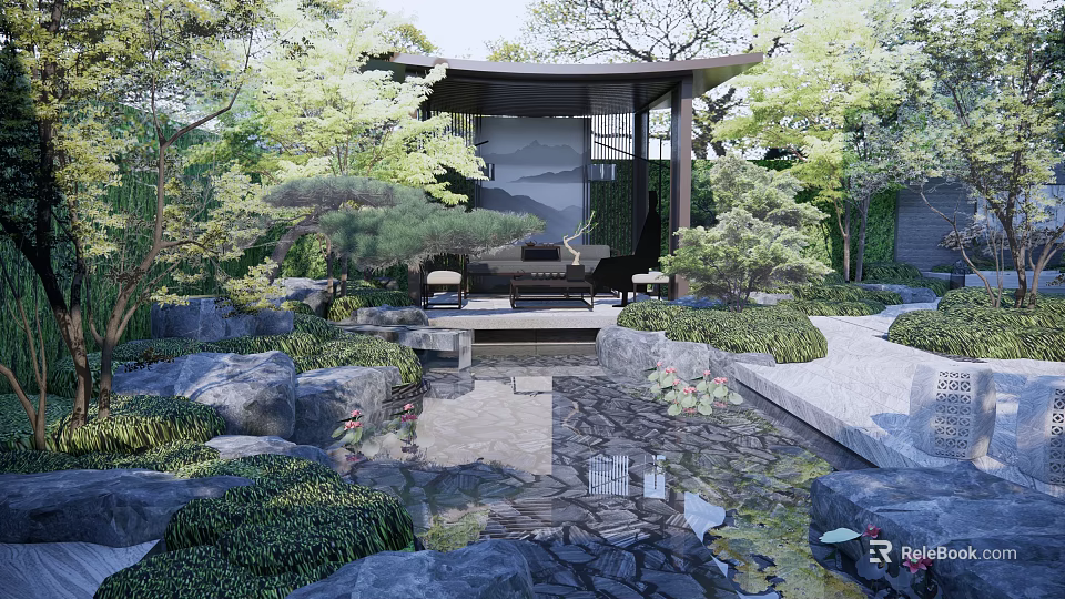 Japanese Garden Landscape With Traditional Pavilion Stone Arrangement Water Pond And Surrounding Green Plants 3d model 