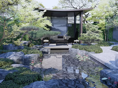 Japanese Garden Landscape With Traditional Pavilion Stone Arrangement Water Pond And Surrounding Green Plants 3d model