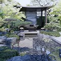 Japanese Garden Landscape With Traditional Pavilion Stone Arrangement Water Pond And Surrounding Green Plants