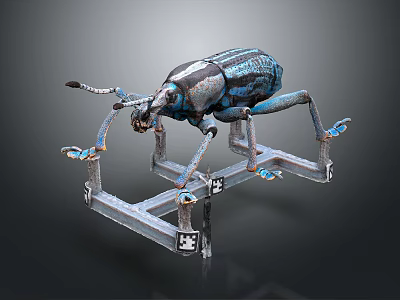 Blue And Black Mechanical Beetle Sculpture On Metal Stand With Decorative Legs 3d model